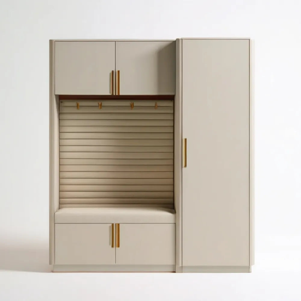 Kremowo-złota zabudowa garderobiana z siedziskiem MDF 160 × 40 × 220 cm