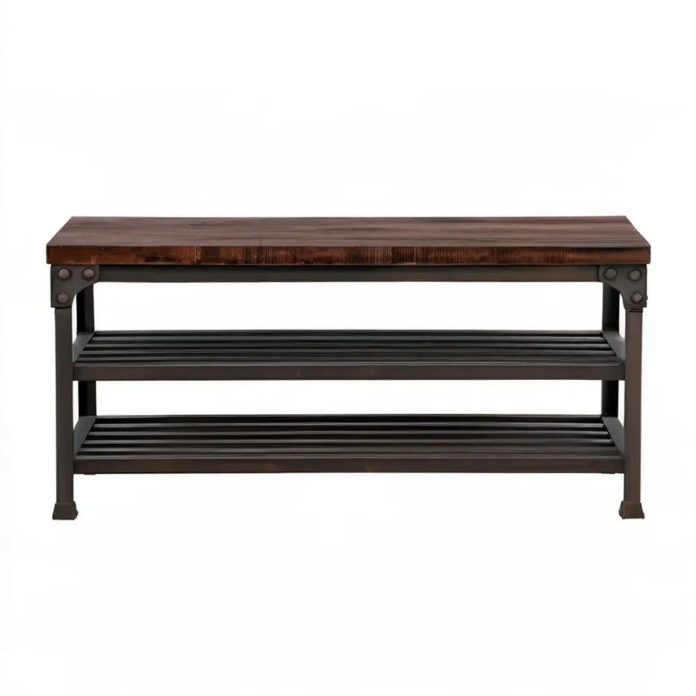 Ławka na buty z 2 półkami, stal i MDF, ciemnobrązowo-czarna, 100 × 30 × 45 cm