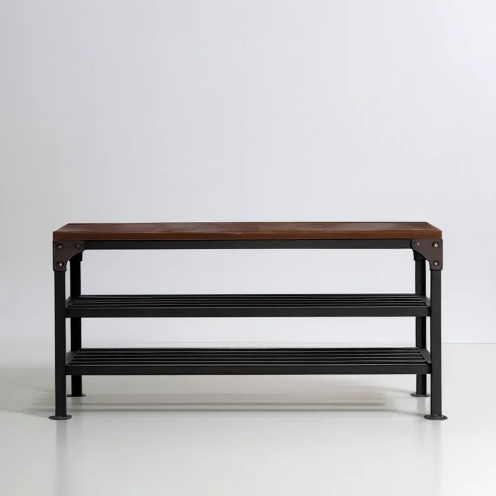 Ławka do przedpokoju z 2 półkami na buty, czarna stal i ciemny orzech, 100 x 30 x 50 cm