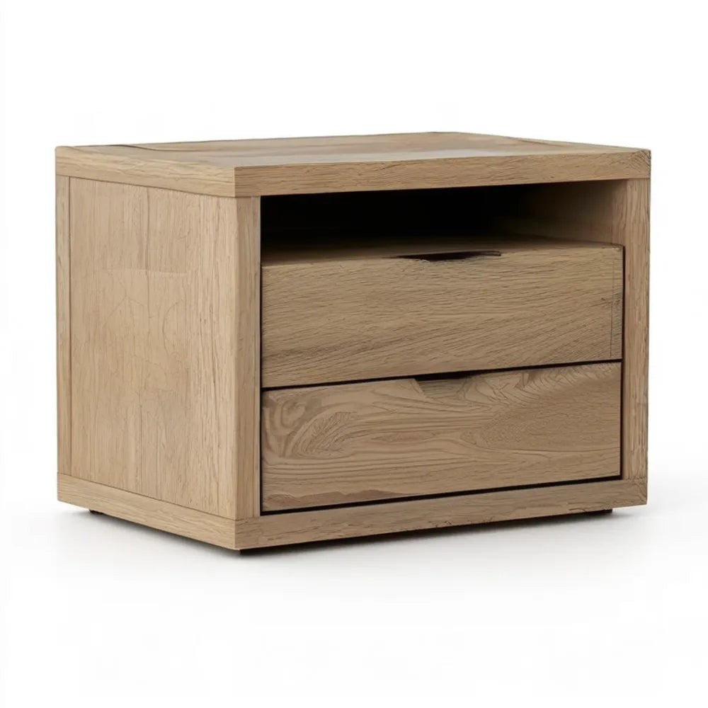 Naturalna dębowa szafka nocna 60 x 40 x 45 cm z 2 szufladami i otwartą wnęką