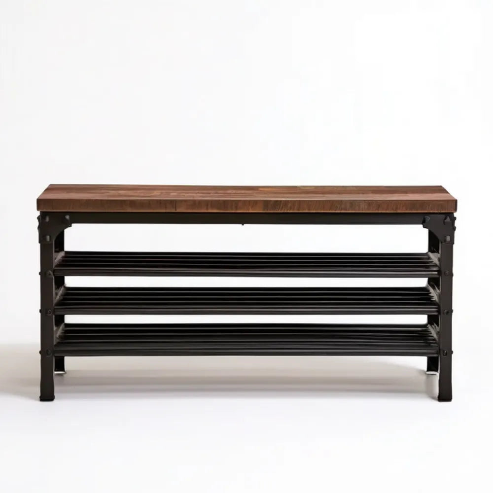 Ławka do przedpokoju z 3 półkami, stal i płyta MDF, brązowo-czarna, 100 x 30 x 45 cm