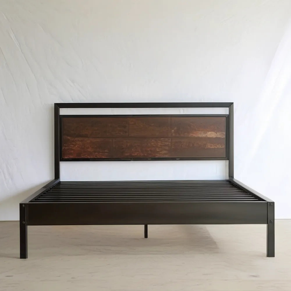 Czarno-ciemnobrązowa rama łóżka ze stali i MDF, 160 x 200 cm