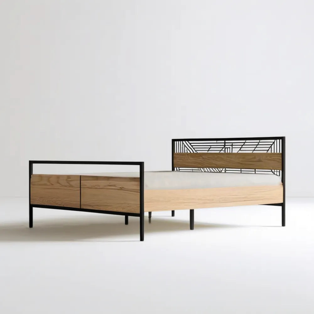Łóżko dwuosobowe 160 × 200 cm z metalową ramą i wykończeniem dębowym, czarno-dębowe