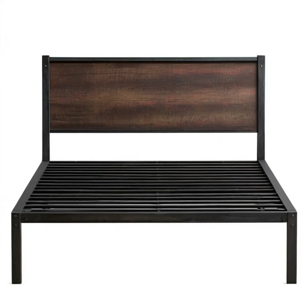 Łóżko dwuosobowe 140 x 200 cm ze stalowym stelażem i zagłówkiem MDF, czarno-brązowe