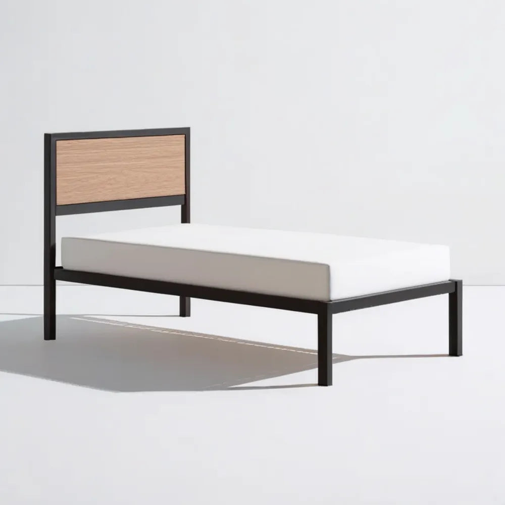 Łóżko jednoosobowe stalowe z zagłówkiem MDF Czarny/Jasny dąb 90 x 200 cm