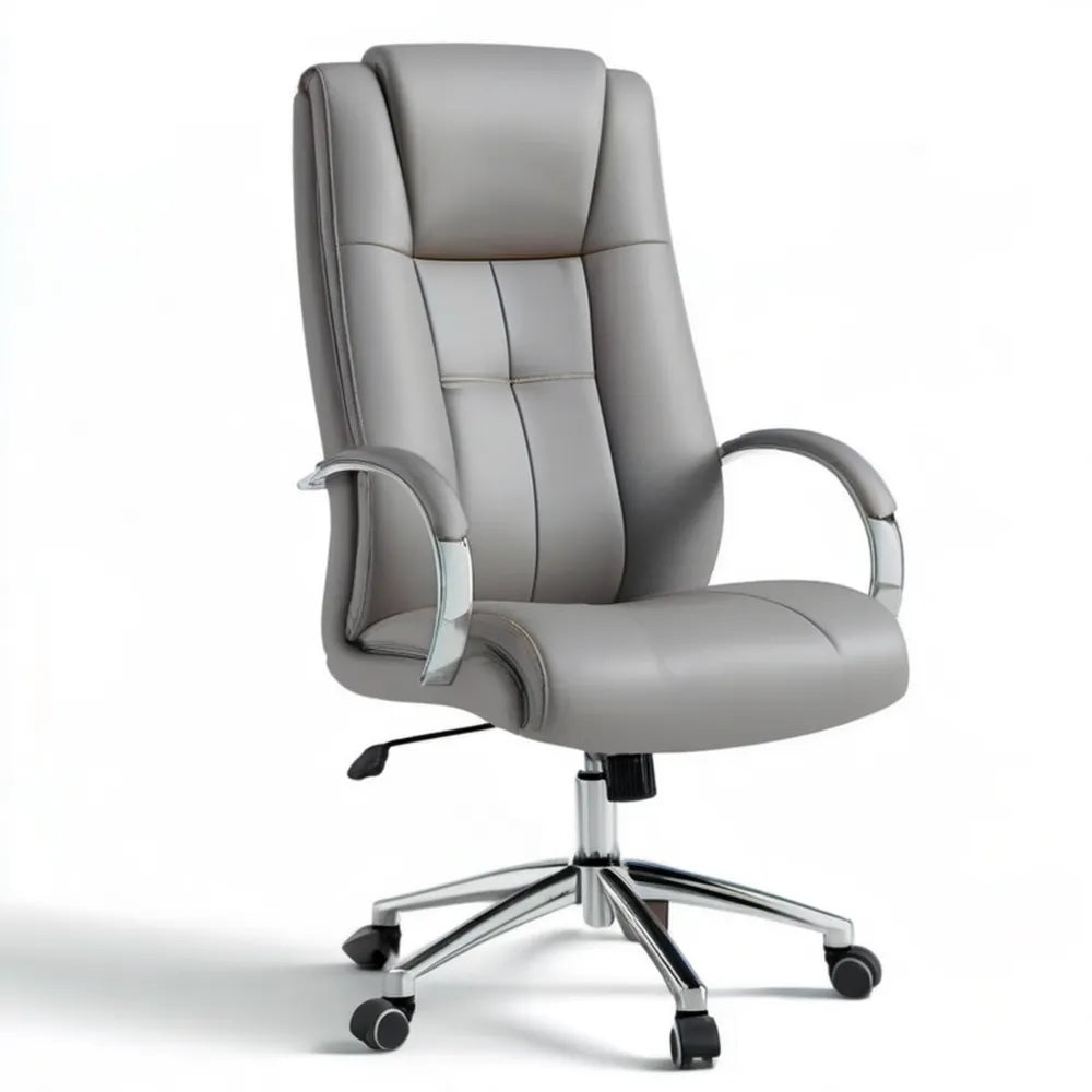 Obrotowy fotel biurowy z wysokim oparciem, skóra syntetyczna PU, szary/chromowany, 66 x 70 x 118–128 cm