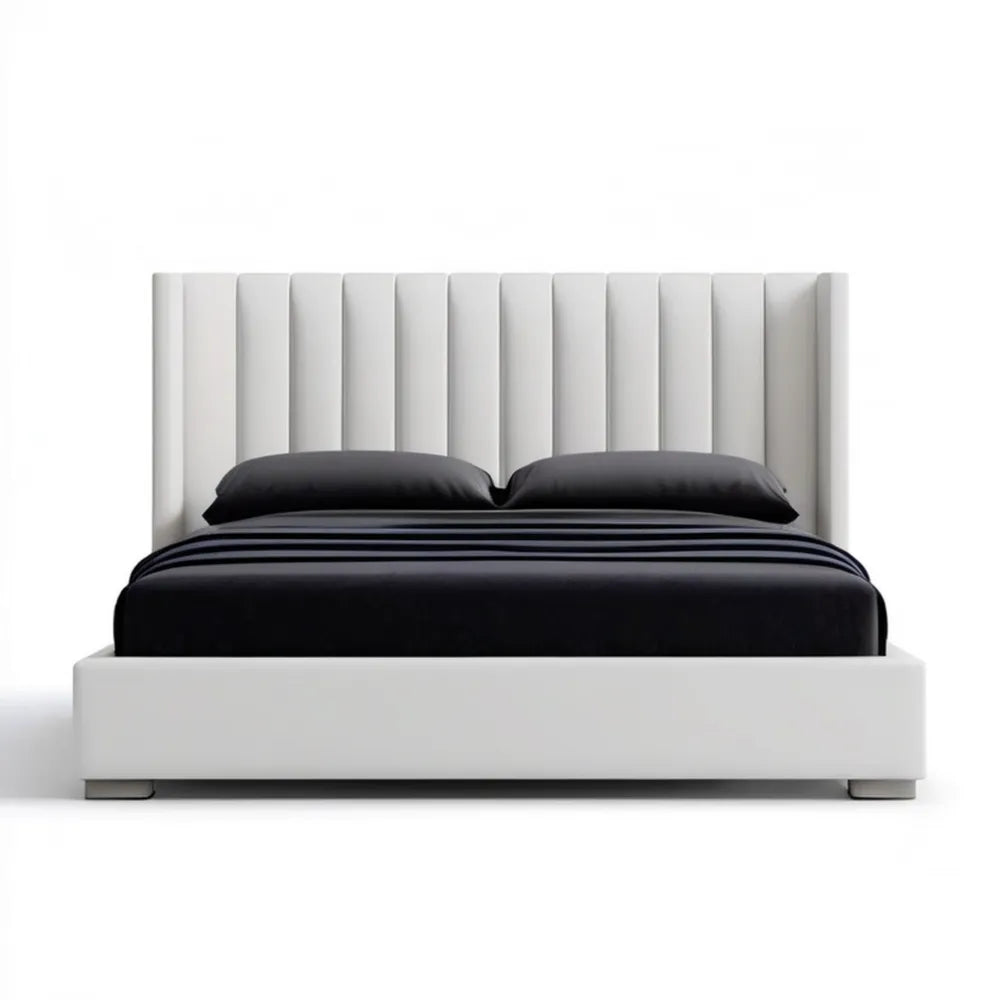 Łóżko 160 x 200 cm z białą ramą MDF i wysokim zagłówkiem z ekoskóry PU